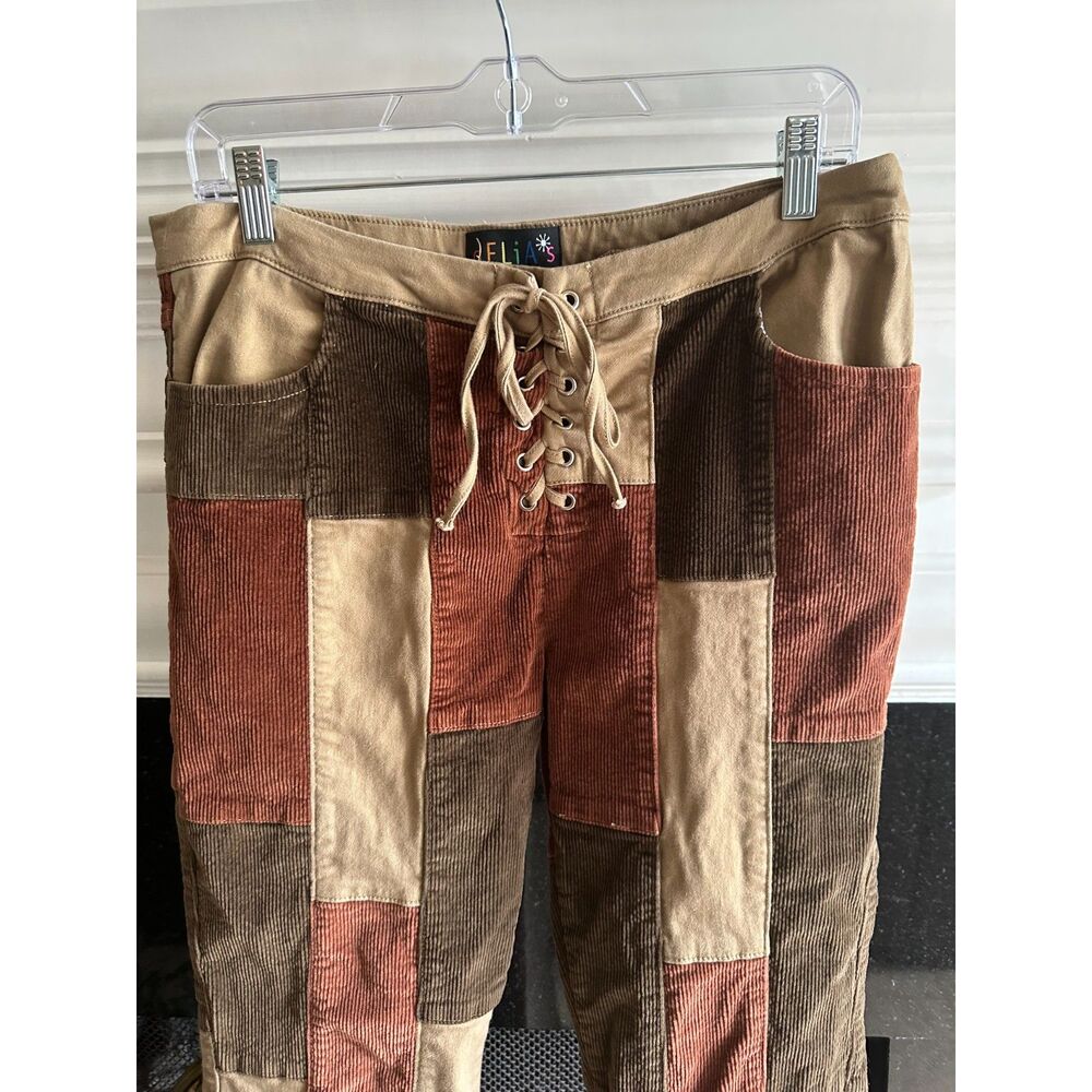 dELiA*s x Dolls Kill Corduroy Patchwork Flare Pants - Earth Tone Lace-Up XL - Picture 6 of 7